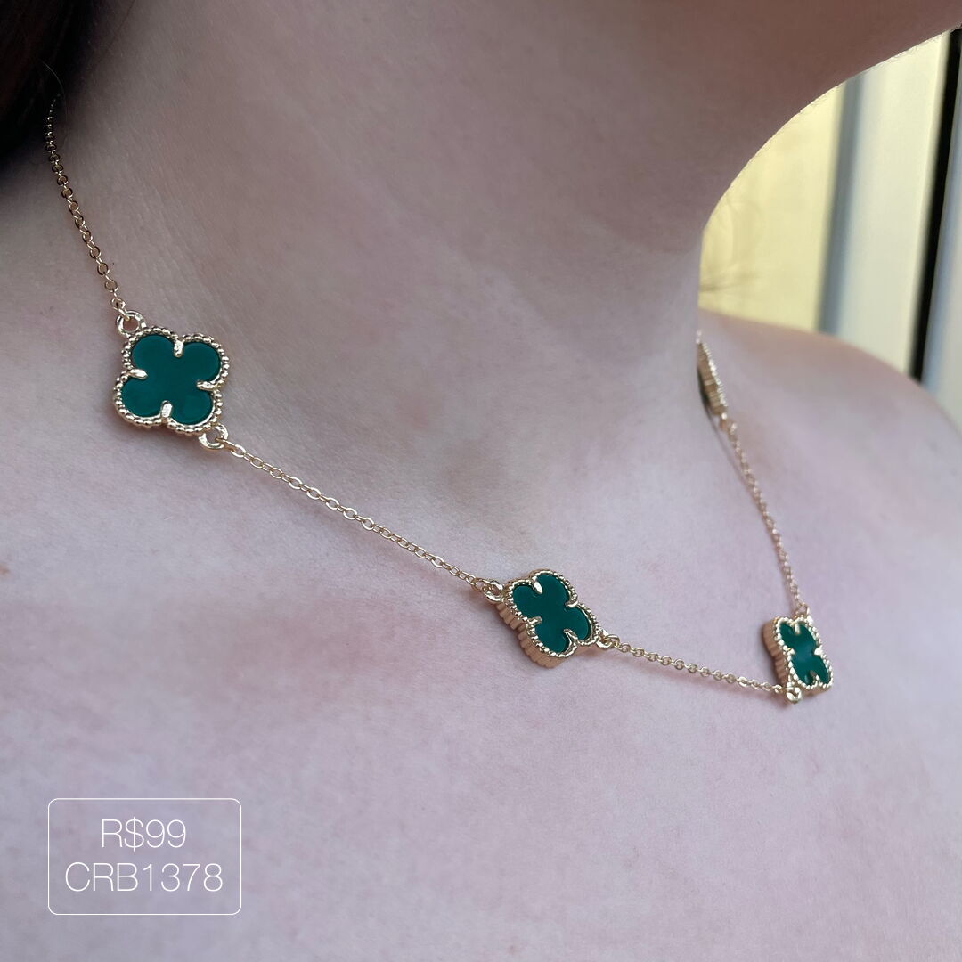 Colar V@n Cleef c/ 5 Pingente Verde Dourado